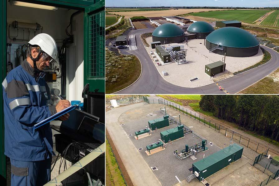 Poste d'injection biométhane de Mézières-sur-Oise (photo : Jacques Rostand) ; rebours de Noyal-Pontivy (photo : Julien gazeau)